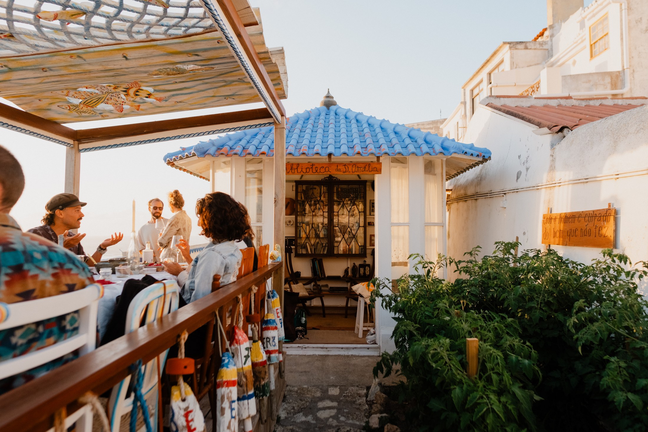 Guests gathering on the terrace